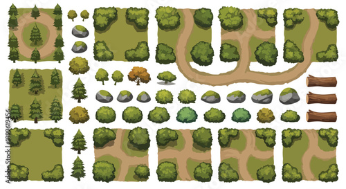 Top-down vector game assets: green trees, bushes, rocks, dirt paths, and grass squares for map building, isolated on white