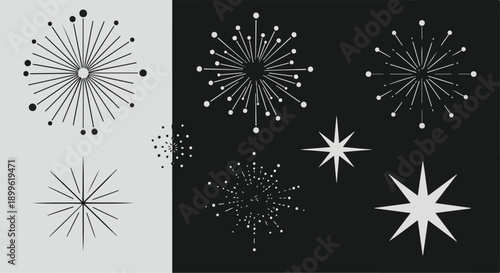 Vector starburst and sparkle elements set. Black and white line art explosion shapes, retro sunbursts, and twinkle icons for design.