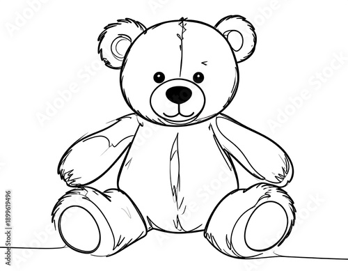 A black and white illustration of a sitting teddy bear with a stitched face