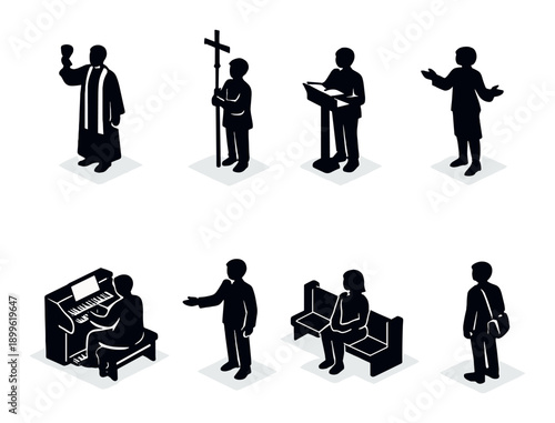 Silhouettes of religious ceremony: clergy, congregation, and musical worship