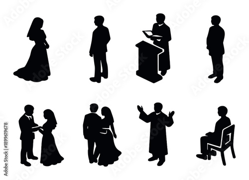 Silhouette wedding ceremony: couples, officiant, and guests in formal attire