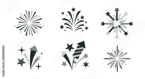 Vector black and white fireworks and firecracker icons set, starburst explosion graphic elements isolated on white
