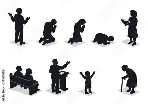 Silhouettes depicting various prayer poses and faith expressions in black and white