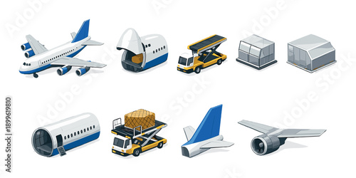 Airplane parts and ground equipment icons on gradient background