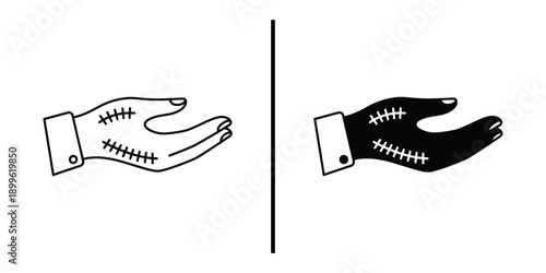 A black and white illustration of two hands with stitched palms facing each other