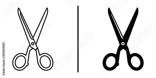 A pair of scissors in both line art and solid black icon styles side by side on a white background