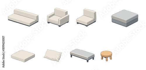 Minimalist furniture set with sofa, armchair, bed, and accessories on grey background