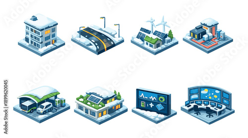 Futuristic snowy cityscape with eco-friendly technology and renewable energy