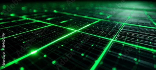 Glowing green solar panel cell. Clean green energy technology concept. Generative AI technology.	
