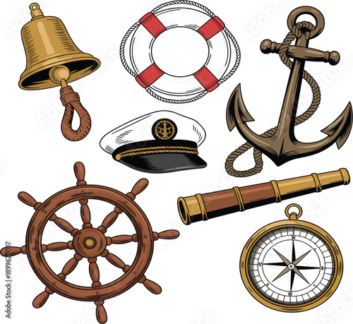 Set of vintage nautical equipment vector icons including anchor, bell, compass and steering wheel, for marine design