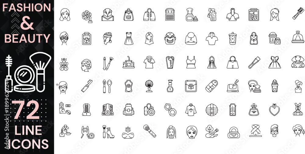 Fototapeta premium Fashion and Beauty Line Vector Icons Set Including Clothing, Accessories, Makeup, Skincare and Personal Care Symbols