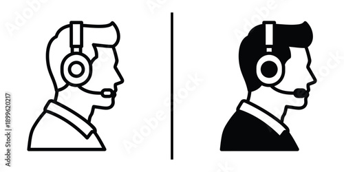 Two customer service representatives wearing headsets in black and white illustration