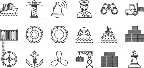 Maritime & Port Operations Line Icons – Shipping, Navigation, and Logistics Set