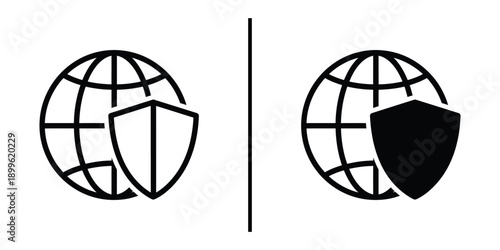 A graphic illustration of a globe with a shield, symbolizing global protection and security.
