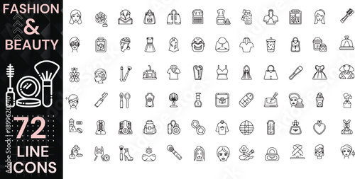 Fashion and Beauty Line Vector Icons Set Including Clothing, Accessories, Makeup, Skincare and Personal Care Symbols