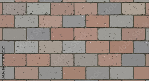 Vector brick wall texture with red, grey, and brown rectangular bricks, grunge speckled surface, seamless pattern background