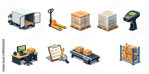 Warehouse logistics icons: truck, pallet jack, stacks, scanner, desk, clipboard, conveyor, shelf