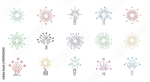 Vector line art fireworks icons set. Exploding firework bursts, celebration pyrotechnic elements, festival salute symbols isolated on white