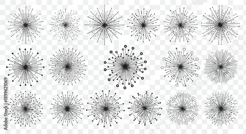Vector black sunbursts, starbursts, and firework explosion shapes set on transparent background, radial lines design elements