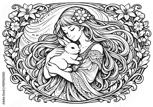 A gentle, black-and-white sketch of a young girl tenderly holding a fluffy bunny. Warm, comforting imagery suitable for family, childhood, pet care, and heartwarming moments.