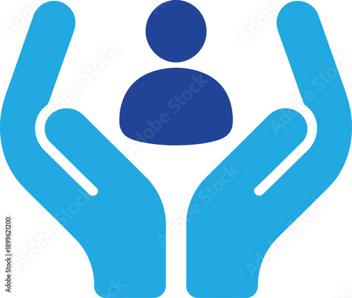 Hands holding person icon. Protection, care, insurance, and human resources concept. Vector illustration