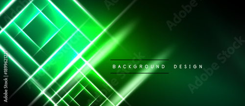 Abstract green neon lines create dynamic diagonal pattern. Dark background emphasizes bright illumination, modern design element.