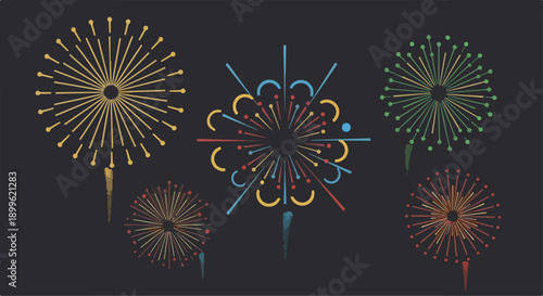 Vector fireworks set on dark background. Exploding pyrotechnic stars, celebration light bursts, holiday event design elements.