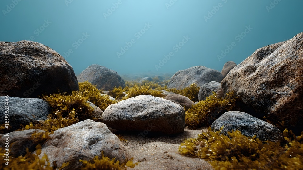 Fototapeta premium Underwater scene with various rocks scattered across a sandy seabed covered in lush vibrant seaweed under clear blue water