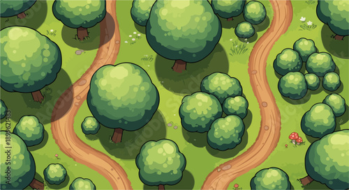 Top-down forest vector illustration with green trees, winding dirt paths, grass, and tiny mushrooms, nature landscape background