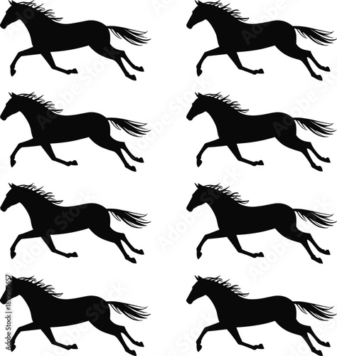 Horse silhouette puzzle, visual comparison, spot the difference, galloping pose, black shape, attention test, animal outline, perception challenge, illustration