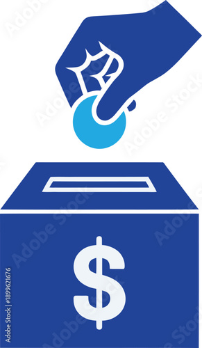 Hand putting coin in donation box with dollar sign. Charity, investment, and financial support concept. Vector illustration