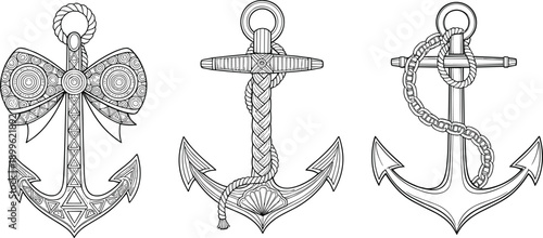 Hand Drawn Nautical Anchor Illustration Set with Decorative Rope, Chain, and Bow Designs for Maritime Tattoos, Logos, and Vintage Graphics
