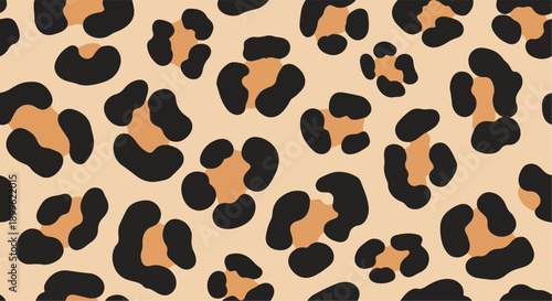 Leopard print seamless vector pattern with black and brown spots on beige background, animal fur texture