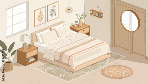 Soft cream bedroom interior with isometric vector design layered beige walls wooden furniture and cozy bedding