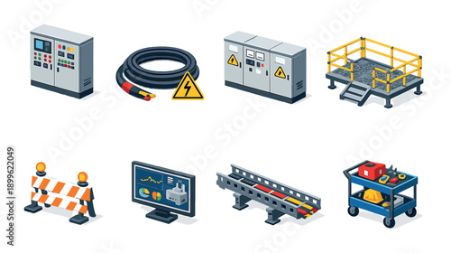 Isometric industrial icons set: control panels, safety equipment, machinery illustrations