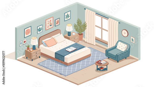 Cozy bedroom interior with bed chair and decor isometric vector illustration for relaxation and reading