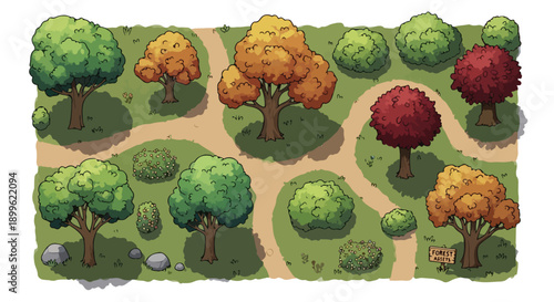 Top down vector park map with green and autumn trees, bushes, and winding dirt paths, isolated on white