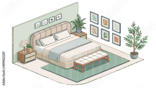 Contemporary isometric bedroom interior with upholstered furniture and plants on green rug
