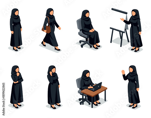 Various activities of young asian females in hijabs
