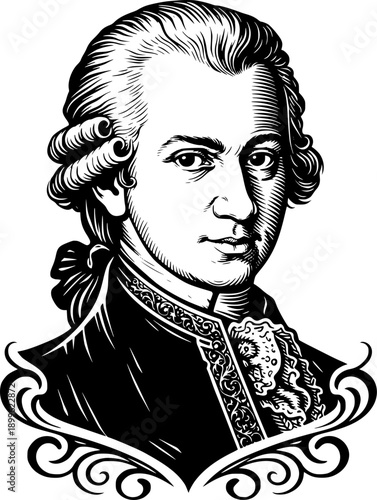 portrait of wolfgang amadeus mozart in classical 18th century attire detailed engraving style with ornate decorative elements baroque inspired illustration black and white historical musician artwork