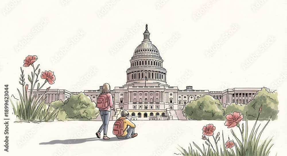 Fototapeta premium Exploring the U.S. Capitol, Washington D.C., Illustration, Urban Environment, Child's Perspective, Government Heritage