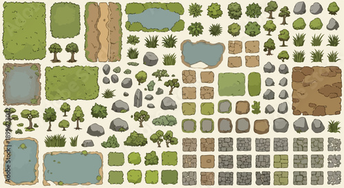 Top-down vector game tileset with grass, dirt paths, water, trees, bushes, and rocks for map creation, isolated on white
