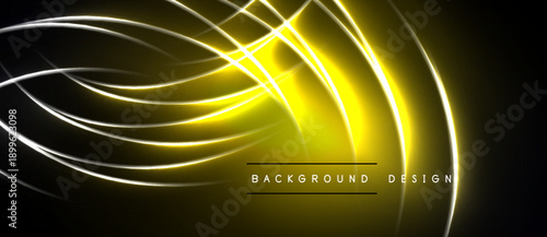 Bright yellow neon lines curve, intersect over black background. Modern design evokes energy, movement, futuristic feel. Simple text reads background design.
