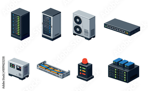 Isometric data center equipment: servers, cooling, networking, storage