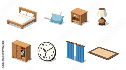 Isometric bedroom furniture set with bed, lamp, and clock on gradient background