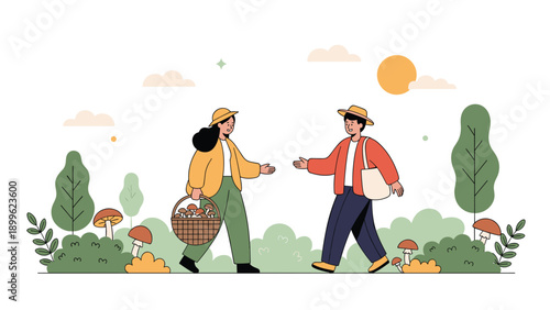Two people wearing hats and casual clothes foraging for wild mushrooms in a lush green forest during a sunny day of outdoor recreation.