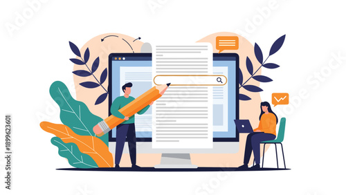 Creative content creators working together with a giant pencil and a laptop to write articles and blog posts for a website or digital media.