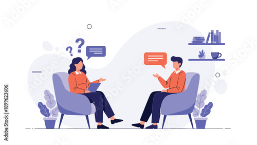 Two professionals sitting in armchairs and having a serious conversation or interview in a comfortable office setting with plants and books.