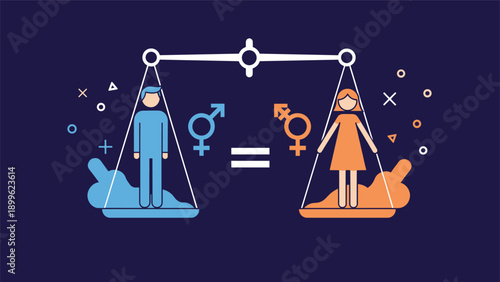 Graphic representation of gender equality showing a male and female figure perfectly balanced on a scale with equality symbols on blue.