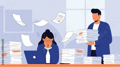 Overwhelmed office worker sitting at a desk and crying from stress as a colleague brings another large stack of paperwork to her desk.